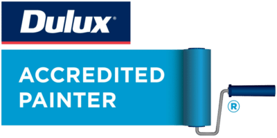 Dulux Accredited Painter logo, featuring a paint roller with blue paint extending into a banner