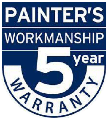 Shield-shaped logo with the text "Painter's Workmanship 5 Year Warranty" in white background.