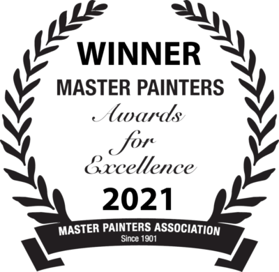 A black laurel wreath logo with the words: "Winner, Master Painters Awards for Excellence 2021"